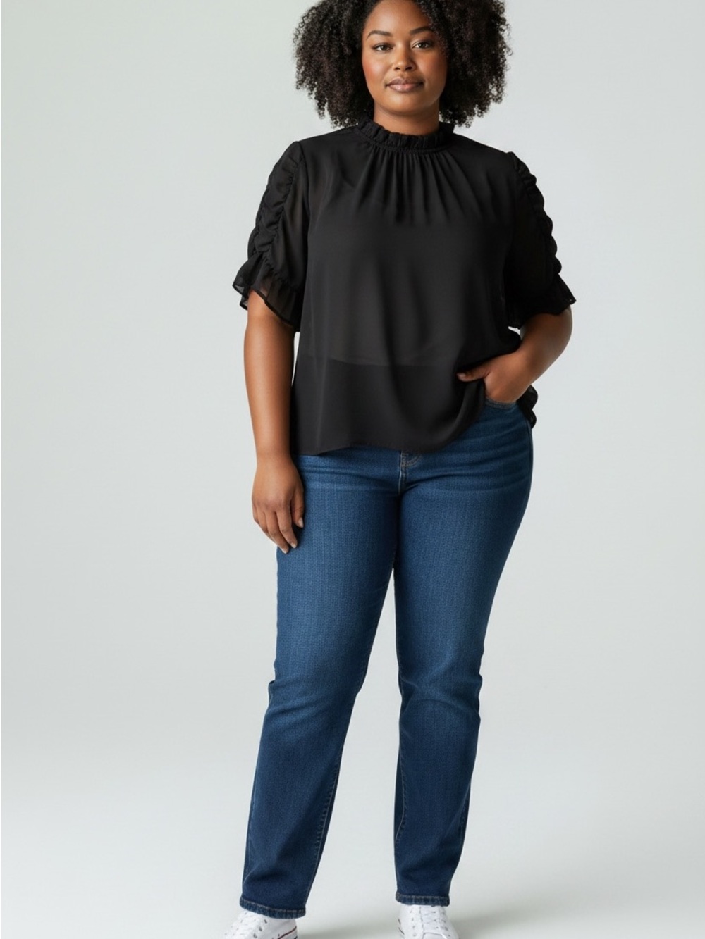 Monteau Business Casual Event Black Ruffle Sleeve Semi-Sheer Blouse Size XL